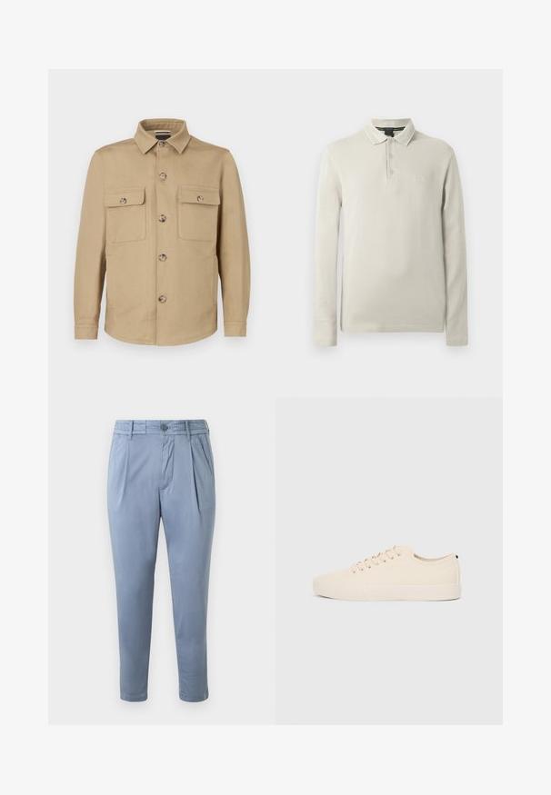 Veste beige en tissu doux avec fermeture boutonnée devant, deux poches poitrine et col. Texture lisse et coupe cintrée.; Polo à manches longues de couleur beige clair, confectionné dans un tissu doux. Comprend un col, une patte de boutonnage à trois boutons et une broderie discrète du logo sur la poitrine.; Pantalons bleu clair, fuselés, en tissu lisse avec un devant plat, des plis et une fermeture à bouton. Équipés de poches latérales et d'ourlets à revers.; Baskets en toile beige avec bout arrondi, semelle en caoutchouc plate et lacets à l'avant. Présente un design minimaliste et un accent noir contrastant au niveau du talon.