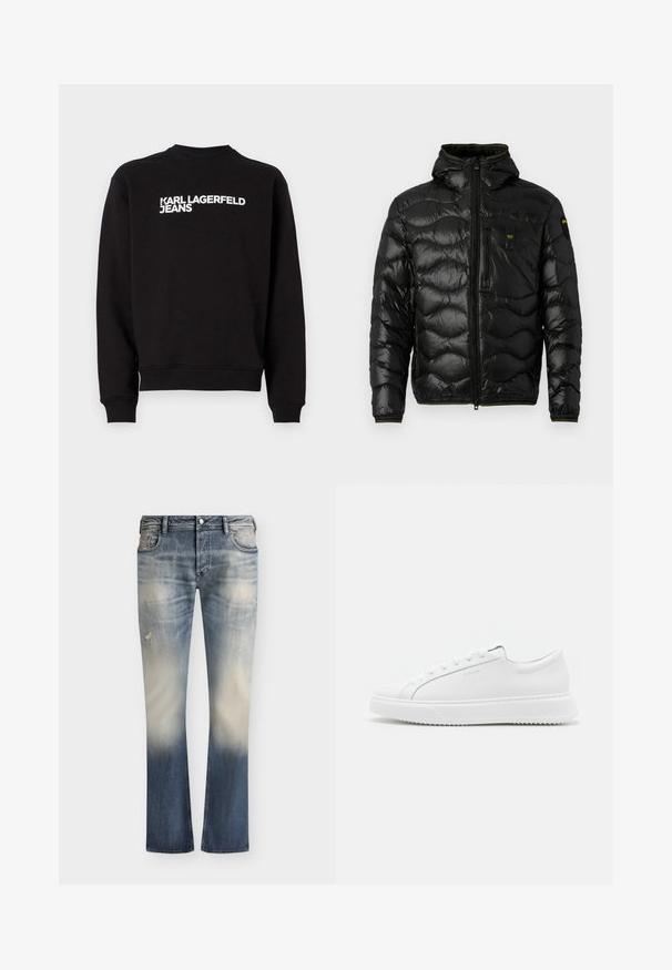 Mustatee puffer jope läikiva tekstuuriga, kapuutsiga, lukuga ja lainelise mustriga. Omab rinna taskut ja kontrastset kollast aktsenti.; Must musträpiga sweatshirt ümmarguse kaelusega ja ribadega käistes. Esiosas on valge kiri "KARL LAGERFELD JEANS". Pehme materjal.; Sinised pleekinud teksapüksid kulunud detailidega, esitaskud, nööpidega kinnituv ja sirgete säärtega lõige.; Valged tennisetooted siledast sünteetilisest materjalist. Omavad madala lõike disaini, kõrgendatud valget talda, ümarat varvasta ja soonestatud esiosa viie silmaga.