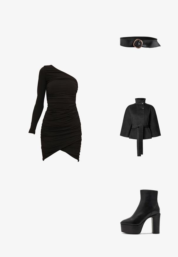 Abrigo corto de lana negra con cuello alto, tres botones, mangas anchas y un largo cinturón de tela atado en la cintura.; Vestido negro de un solo hombro, confeccionado en material elástico, con detalles fruncidos y un dobladillo asimétrico que proporciona una silueta ajustada.; Botín negro de cuero hasta el tobillo con puntera puntiaguda y un alto tacón de bloque. Cuenta con una suela de plataforma y textura suave sin herrajes visibles.; Cinturón de cuero negro con una banda ancha y una gran hebilla metálica irregular de color cobre.
