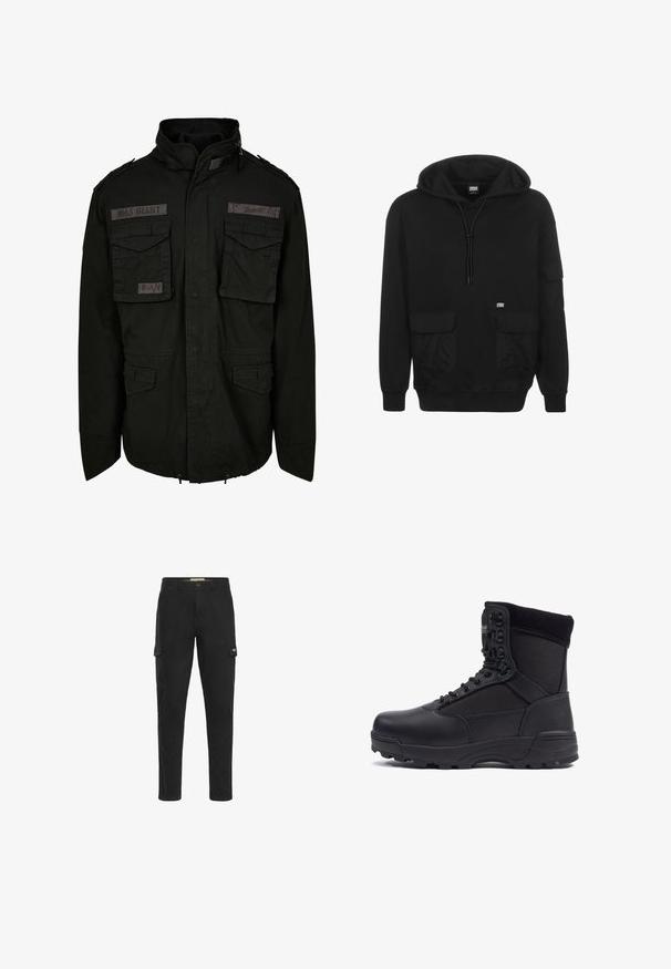Veste militaire noire M65 avec deux poches à rabat à l'avant, épaulettes, col montant et cordon de serrage réglable à l'ourlet.; Hoodie noir en tissu doux, avec une capuche à cordon de serrage, des poches avant et un patch logo sur la partie gauche de la poitrine.; Pantalon cargo noir au design slim, avec deux poches latérales et une poche arrière, fabriqué en tissu coton durable.; Botte tactique noire avec une tige en cuir lisse et des panneaux en tissu, design montante, fermeture à lacets à l'avant et semelle en caoutchouc robuste.