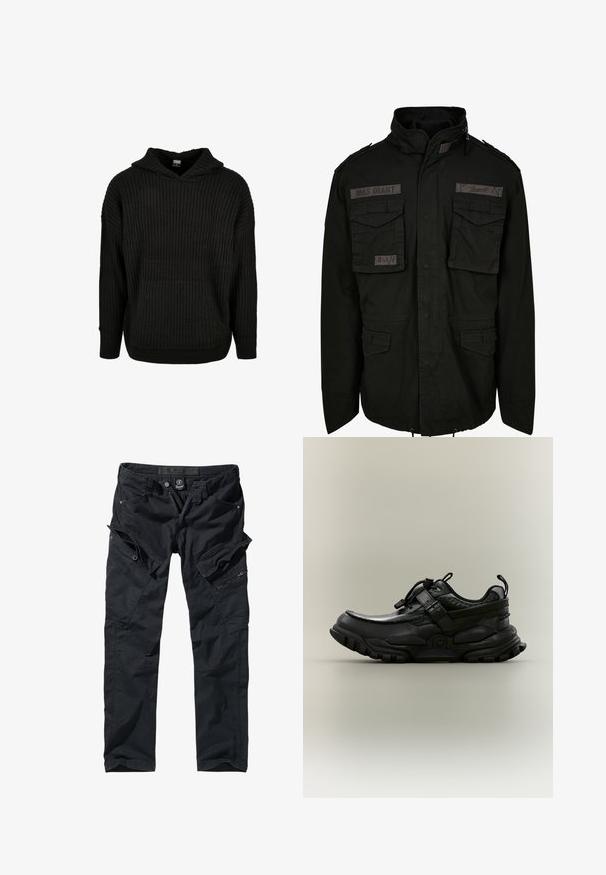 Veste militaire noire M65 avec deux poches à rabat à l'avant, épaulettes, col montant et cordon de serrage réglable à l'ourlet.; Hoodie noir en tricot côtelé avec une poche avant et une capuche à cordon. Présente une coupe ample et un motif texturé sur le tissu.; Pantalons cargo noirs en tissu durable, dotés de multiples poches, de fermetures éclair et d'une taille ajustable pour un confort et une utilité optimaux.; Chaussure de sport noire et épaisse avec une bride réglable, un bloque-lacets et une semelle robuste, vue de profil sur fond neutre.