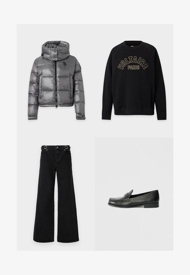 Veste matelassée grise brillante avec col montant, fermeture éclair à l'avant, boutons-pression et manches longues avec poignets ajustables.; Sweat-shirt noir à manches longues avec poignets et ourlet côtelés, avec texte en jaune contourné "VOLTAIRE PARIS" sur le devant.; Jean noir à jambes larges en denim, avec une taille haute, de grandes poches avant, et des accessoires ronds argentés à la ceinture.; Mocassins en cuir noir avec un bout arrondi, des détails de couture surélevés et un talon bas empilé. Texture lisse avec un éclat subtil.