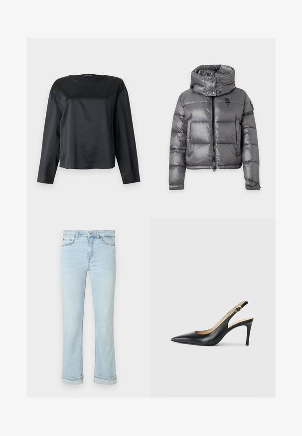 Veste matelassée grise brillante avec col montant, fermeture éclair à l'avant, boutons-pression et manches longues avec poignets ajustables.; Blouse noire en satin à manches longues avec un col rond et une coupe décontractée, présentée à plat sur un fond clair.; Jean en denim bleu clair avec poches avant, fermeture par bouton, et ourlets légèrement retroussés sur un fond uni.; Escarpins en cuir noir avec une pointe fine, une bride ajustable et un talon aiguille élégant, présentant une finition lisse.