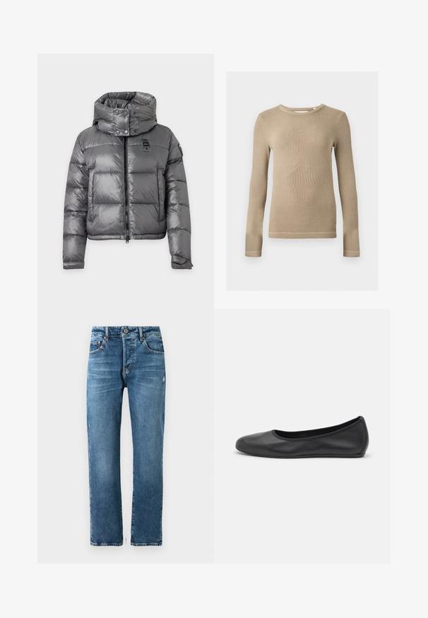 Chaqueta acolchada gris brillante con cuello alto, cremallera frontal, botones de presión y mangas largas con puños ajustables.; Top de punto beige con manga larga acanalada, escote redondo, silueta ajustada y costuras visibles en los dobladillos sobre un fondo liso.; Jeans de hombre en denim azul con un corte recto, cinco bolsillos y cierre de botón. Presentan un leve deslucido y detalles de costura.; Bailarina de piel negra con punta redondeada, textura suave, detalle de costura minimalista y diseño de suela flexible.