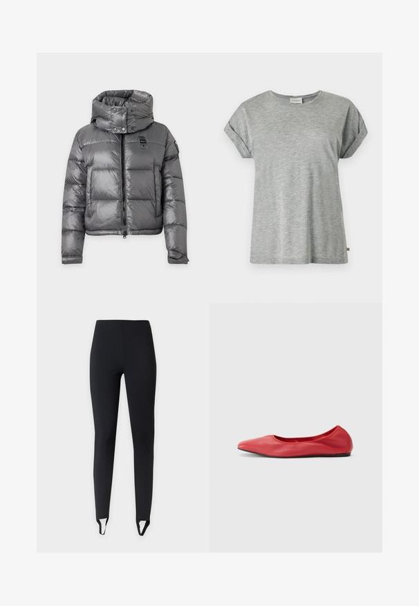 Veste matelassée grise brillante avec col montant, fermeture éclair à l'avant, boutons-pression et manches longues avec poignets ajustables.; T-shirt en coton gris clair à manches courtes avec revers aux manches et col rond, présenté à plat sur fond blanc.; Leggings noirs slim fit avec brides étriers aux chevilles, présentés sur un fond clair uni.; Filippa K REY FLATS - Ballerines - bright red