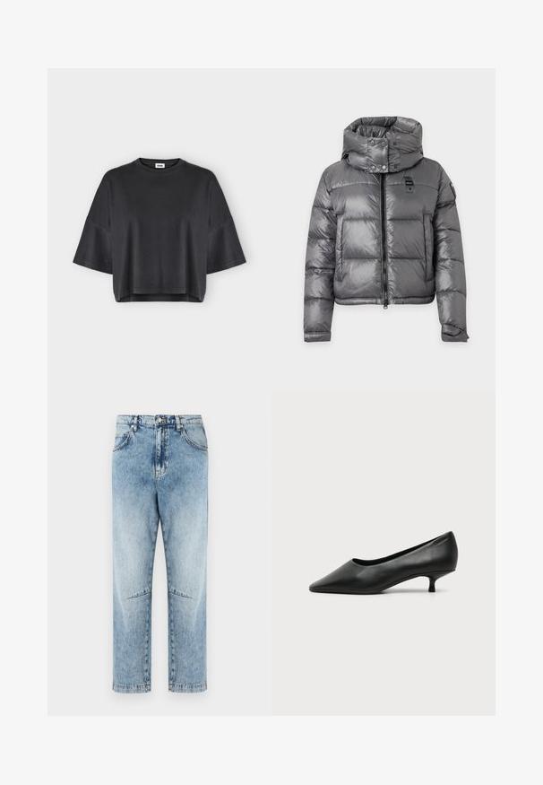 Veste matelassée grise brillante avec col montant, fermeture éclair à l'avant, boutons-pression et manches longues avec poignets ajustables.; T-shirt noir oversized à manches courtes avec un col rond et un ourlet légèrement raccourci sur un fond clair uni.; Jean droit taille haute bleu clair avec délavage, poches avant et arrière, passants de ceinture, fermeture par bouton et détails de coutures aux genoux.; Escarpin femme en cuir noir à petit talon, bout pointu et petit talon kitten sur fond clair uni.