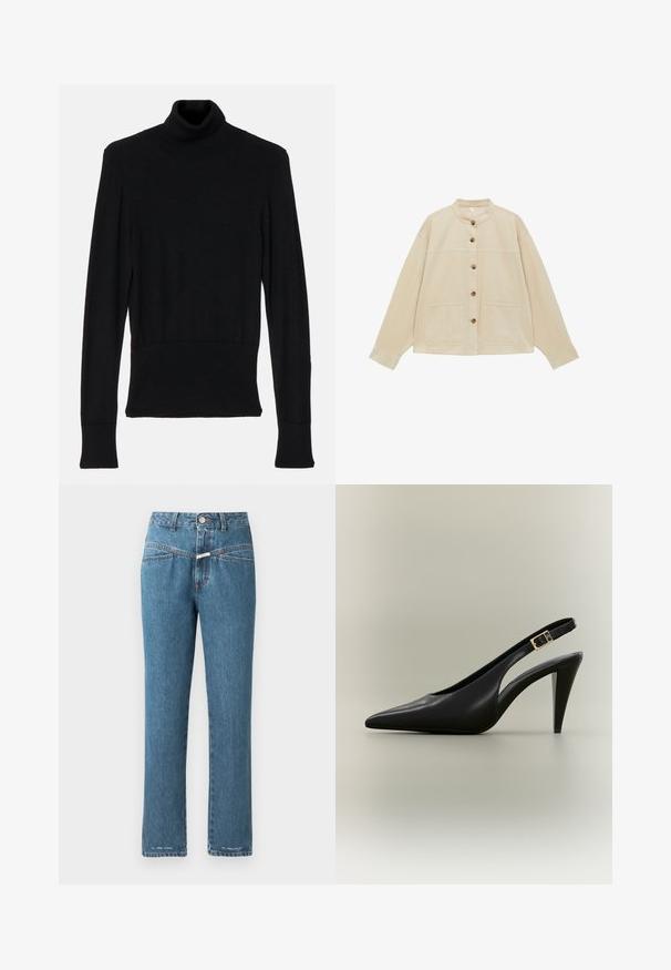 Beige Kordjacke mit runder Kragen, fünf Knöpfen an der Vorderseite, langen Ärmeln und zwei großen aufgesetzten Taschen vorne.; AERON TENDER LONG SLEEVED - Strickpullover - black; CLOSED PEDAL PUSHER - Jeans Relaxed Fit - mid blue; Schwarzer spitzer Slingback-Pumps aus Leder mit goldener Schnalle und einem zulaufenden Absatz vor neutralem Hintergrund.