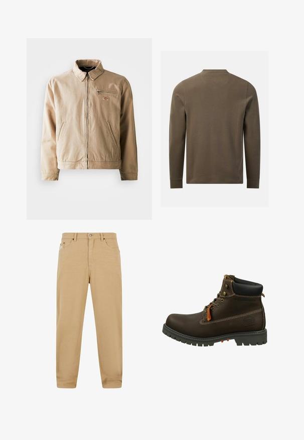 Chaqueta de lona beige con cremallera frontal, cuello alzado y dos bolsillos laterales. Incluye un pequeño parche con logo en el pecho.; Camisa texturizada de manga larga en verde oliva mostrada desde atrás con cuello redondo y puños lisos sobre fondo blanco.; Pantalones de algodón beige con corte recto, que cuentan con un cierre de cremallera, cinco bolsillos y sutiles detalles de costura. Textura suave y diseño clásico.; Dockers by Gerli Botines con cordones - schoko