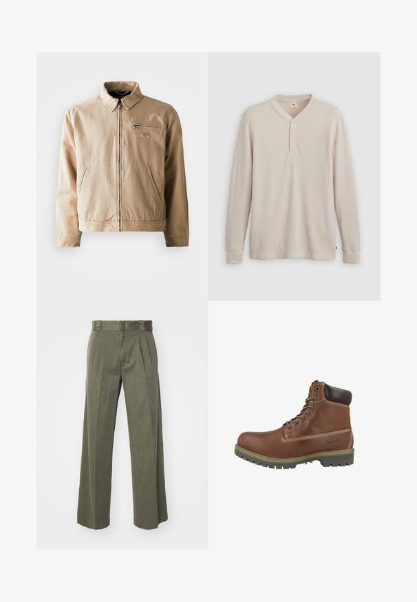 Chaqueta de lona beige con cremallera frontal, cuello alzado y dos bolsillos laterales. Incluye un pequeño parche con logo en el pecho.; Camisa tipo henley de manga larga en tejido acanalado color beige claro, con escote en V,tapeta de tres botones, y mangas con puños. Etiqueta de logo roja en el dobladillo.; Pantalones verde oliva con un diseño ancho y suelto de pierna ancha con pliegues delanteros. Confeccionados en un tejido texturizado, con una cinturilla estándar y sin elementos metálicos visibles.; Botín de piel marrón con puntera redondeada, cuello acolchado, costuras blancas y suela de goma con patrón antideslizante.