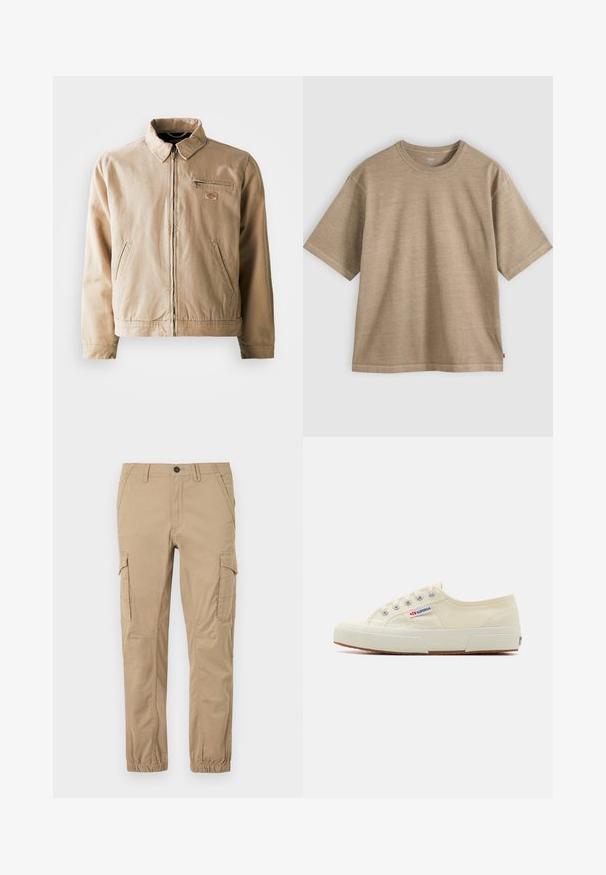 Veste en toile beige avec fermeture éclair à l'avant, col montant et deux poches latérales. Comprend un petit écusson logo sur la poitrine.; T-shirt en coton beige à manches courtes avec col rond et coupe décontractée, présenté sur un fond gris clair uni.; Pantalon cargo beige avec poignets élastiques, poches à rabat sur les cuisses, poches latérales, et une fermeture à bouton à la taille.; Baskets en toile beige au design épuré, œillets en métal et semelle en caoutchouc. Présente un motif texturé et un détail de logo sur le côté.