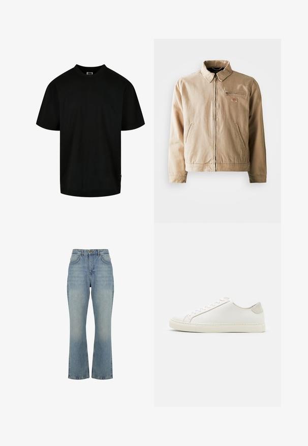 Beige Canvas-Jacke mit Reißverschluss, Stehkragen und zwei Seitentaschen. Mit einem kleinen Logopatch auf der Brust.; Schwarzes T-Shirt aus Baumwolle, mit Rundhalsausschnitt und kurzen Ärmeln in lockerer Passform. Einfaches Design, ohne Muster oder Grafiken.; Hellblaue Jeans aus Denim mit hoher Taille und geradem Bein, vordere Knopfverschluss, Gürtelschlaufen und zwei Vordertaschen.; Weiße Leder Sneakers mit glatter Oberfläche, runder Zehenform und minimalistischem Design. Mit beigen Akzenten an der Ferse und einer Gummisohle.