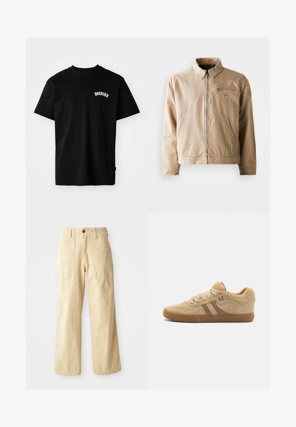 Beige canvas jack met een ritssluiting aan de voorkant, staande kraag en twee zijzakken. Inclusief een klein logo-opstrijken op de borst.; Zwarte katoenen T-shirt met korte mouwen en een ronde hals. Heeft een witte gebogen logo "DICKIES" op de borst. Eenvoudig ontwerp, geen patronen.; Beige wijde broek van katoen. Heeft een hoge taille, twee zijzakken met een vlak design en een enkele knoopsluiting.; Tan suede sneakers hebben een ronde neus, vetersluiting en een bruine accentstreep. Rubberen zool met een gestructureerde grip. Eenvoudig logo aan de zijkant.