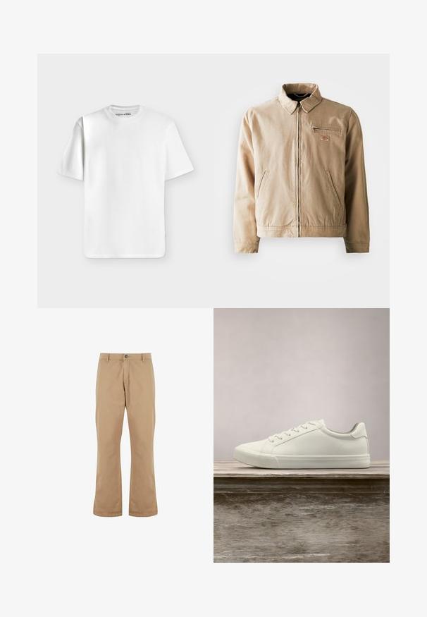 Veste en toile beige avec fermeture éclair à l'avant, col montant et deux poches latérales. Comprend un petit écusson logo sur la poitrine.; T-shirt blanc uni à manches courtes et col rond, posé à plat sur un fond gris clair avec une petite étiquette de marque à l’intérieur du col.; Pantalon beige coupe droite avec passants pour ceinture, bouton à l’avant et fermeture éclair, présenté sur fond blanc.; Sneaker en dentelle blanche flottant au-dessus d'un banc en bois avec un feuillage vert en arrière-plan, mettant en valeur le design et la texture de la chaussure.