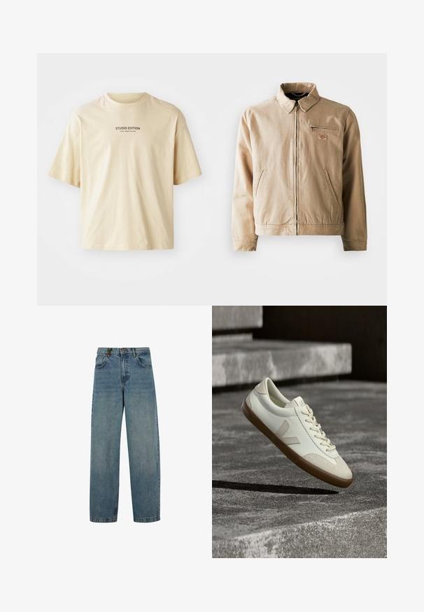 Beige canvas jack met een ritssluiting aan de voorkant, staande kraag en twee zijzakken. Inclusief een klein logo-opstrijken op de borst.; Beige katoenen t-shirt met een ronde hals, korte mouwen en de tekst "STUDIO EDITION" in zwarte print over de borst.; Vervaagde blauwe denim jeans met een recht pijp ontwerp, vijf-pocket stijl en een knoopsluiting. Materiaal vertoont lichte textuur en slijtage.; Witte leren sneakers met een bruine rubberen zool, platte veters en een V-vormig accent aan de zijkant. Ze hebben een glad oppervlak en minimale stikdetails.