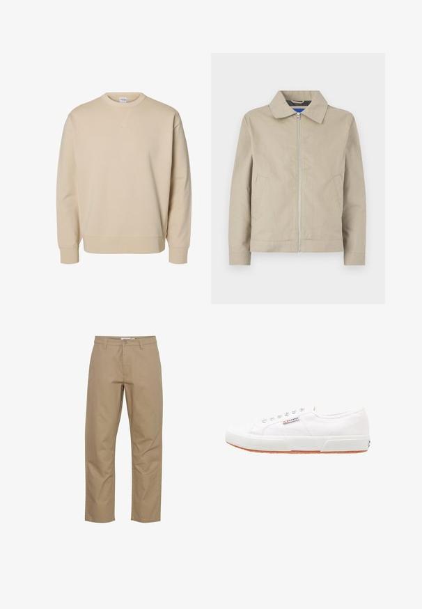 Chaqueta ligera de color beige con cuello, cierre de cremallera en la parte delantera y bolsillos laterales. Está fabricada con un tejido suave y tiene un diseño limpio y minimalista.; Sudadera beige con cuello redondo, mangas largas, puños y bajo acanalados, y un pequeño detalle en forma de V cosido debajo del cuello.; Pantalones de algodón beige con un diseño de pierna recta, que cuentan con un cierre frontal de botón y cremallera, bolsillos laterales y un acabado limpio.; Zapatillas de lona blancas con suela de goma, diseño de cordones y una pequeña etiqueta con el logo en el lateral. Parte superior texturizada blanca y suela marrón.