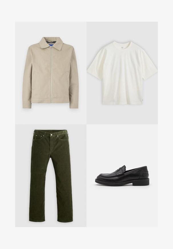 Beige, leichte Jacke mit Kragen, Reißverschluss vorne und seitlichen Taschen. Hergestellt aus glattem Stoff, mit einem klaren, minimalistischen Design.; Weißes T-Shirt mit kurzen Ärmeln aus Baumwolle. Rundhalsausschnitt, lockere Passform, dezentes Branding auf der Brust und ein rotes Etikett am Saum.; Olivgrüne Kordhosen mit geradem Schnitt, vorderem Knopf, Reißverschluss, Gürtelschlaufen und fünf Taschen auf einem weißen Hintergrund.; Schwarze Lederloafer mit abgerundetem Zeh, farblich abgestimmtem Nähen und einem Riemendetail an der Vorderseite. Gummi-Sohle mit niedrigem Absatz.