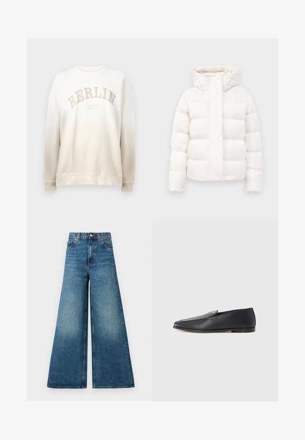 Chaqueta acolchada blanca con cuello alto, que cuenta con un cierre de cremallera y amplios segmentos horizontales. Fabricada en un material ligero y acolchado.; Sudadera crema con un desvanecimiento en degradado. Presenta la palabra "BERLÍN" impresa en un arco de color beige claro y cuellos y puños de canalé. Textura suave.; Jeans de pierna ancha de talle alto en denim azul deslavado, con cierre de botón, pasadores para cinturón y dos bolsillos delanteros.; Mocasines de cuero negro con textura suave, punta redondeada y detalles de costura sutiles. Presentan un acento de logo dorado en el lateral superior.