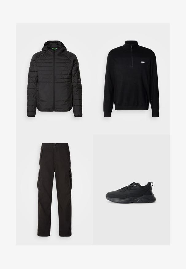 Veste à capuche matelassée noire avec fermeture éclair à l'avant, poches latérales zippées et une poche zippée sur la manche gauche sur fond blanc.; Pull-over noir avec un col zippé à mi-longueur, présentant une texture côtelée aux épaules et un petit logo blanc "BOSS" sur la poitrine.; Pantalons cargo noirs avec une coupe droite, une taille élastique, plusieurs poches latérales et un tissu texturé pour plus de durabilité.; Baskets de sport noires avec un dessus en textile lisse, un laçage, un col rembourré, une semelle en caoutchouc contrastante et un détail de logo sur le talon.