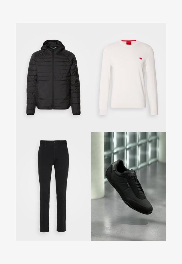 Musternööriga must kapuutsiga jope, millel on ees lukk, lukuga küljetaskud ja lukuga plaastri tasku vasakul varrukal, valge tausta vastu.; Valge pikema varrukaga crewneck-sviiter, mis on valmistatud pehmest kangast. Sellel on rindkeres väike punane logoäpp ja kontrastne punane silt kaeluses.; Mustad mustadest puuvillast chinos, kitsas lõige, tavaliselt vöökoht, esiosad ja üks taga tasku. Sile tekstuur ja minimaalne detailide hulk.; Mustast nahast BOSS tennised paeltega, hõljuvad peegeldava betoonpõranda ja klaasplokiseina taustal.