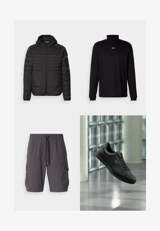 Chaqueta acolchada negra con capucha, cremallera frontal, bolsillos laterales con cremallera y un bolsillo con cremallera en la manga izquierda, sobre un fondo blanco.; Camisa de cuello alto negra de manga larga hecha de un tejido suave, con el logo blanco "HUGO" en el pecho, con puños y dobladillo ajustados.; Pantalones cortos cargo grises hechos de un tejido ligero, con cintura elástica y cordón, bolsillos laterales y un ajuste ligeramente holgado.; Zapatilla deportiva de cuero negro con diseño de cordones y logo "BOSS", suspendida en el aire frente a una pared de bloques de vidrio y suelo de hormigón pulido.