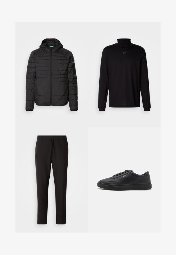 Veste à capuche matelassée noire avec fermeture éclair à l'avant, poches latérales zippées et une poche zippée sur la manche gauche sur fond blanc.; T-shirt à col roulé noir à manches longues en tissu lisse, avec un logo "HUGO" blanc sur la poitrine, doté de poignets et d'un ourlet ajustés.; Pantalons de jogging noirs en tissu lisse. Dotés d'une taille élastique avec cordon de serrage, jambes fuselées, et sans poches visibles. Design simple.; Baskets en cuir noir avec une texture lisse, bout rond, semelle en caoutchouc plate et lacets ton sur ton. Présente une marque "BOSS" dorée sur le côté.