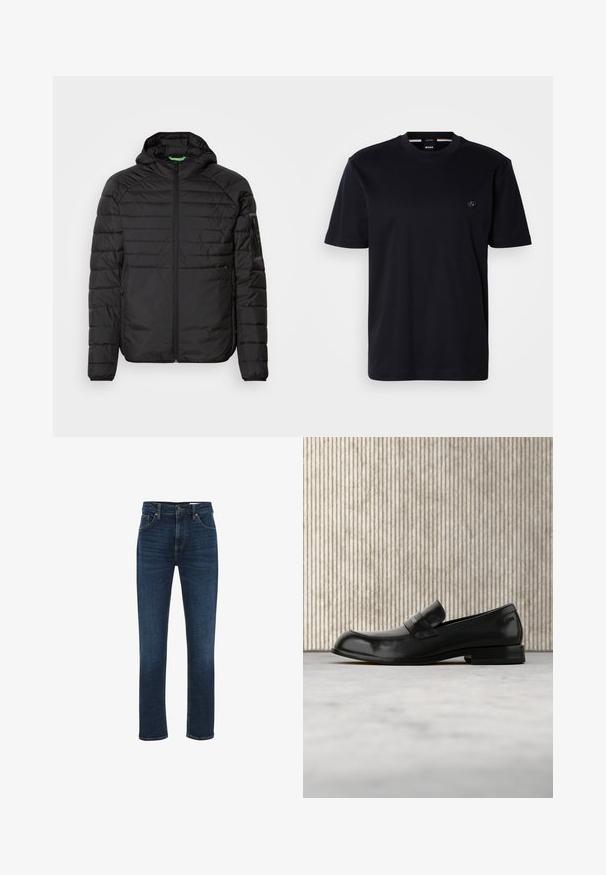 Chaqueta acolchada negra con capucha, cremallera frontal, bolsillos laterales con cremallera y un bolsillo con cremallera en la manga izquierda, sobre un fondo blanco.; Camiseta negra de manga corta en algodón suave, con cuello redondo y un pequeño logo circular en el pecho. Diseño minimalista, sin estampados.; WE Fashion BLUE RIDGE - Vaqueros rectos - dark blue; Mocasín negro de cuero con detalle metálico, mostrado suspendido sobre una alfombra beige, con una mesa redonda de color ámbar en el fondo.