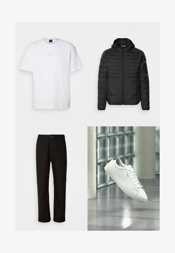 Chaqueta acolchada negra con capucha, cremallera frontal, bolsillos laterales con cremallera y un bolsillo con cremallera en la manga izquierda, sobre un fondo blanco.; Camiseta de algodón blanca de manga corta, con escote redondo y logotipo grabado de "BOSS" en el pecho. Textura suave, ajuste estándar.; Pantalones de algodón negros con corte recto, presillas para el cinturón, cremallera frontal y un solo botón de cierre. Textura suave sin patrones visibles.; Zapatilla deportiva de piel blanca de corte bajo con cordones, lengüeta negra en el talón y logo "BOSS", flotando en interiores cerca de una pared de bloques de vidrio y suelo pulido.