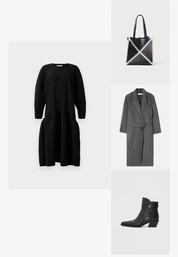 Grå uldfrakke med lange ærmer, en bæltet talje og en spids krave. Har et rent, minimalistisk design og en blød tekstur.; Sort tekstureret midi-kjole med lange ærmer, samlet talje og rund halsudskæring, vist på hvid baggrund.; Sorte læder ankelstøvler med spids tå, en lav blokhæl og en dekorativ rem med en sølvspænde accent. Glat tekstur.; Sort læder tote taske med cremefarvet syning, der skaber et X-mønster. Har to sorte håndtag og en uformet form.