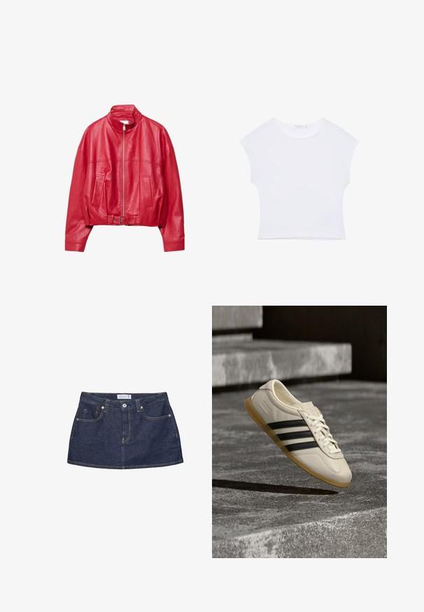 Veste rouge en similicuir avec fermeture éclair à l'avant, deux poches, col montant, manches longues et boucle réglable à la taille, présentée à plat.; T-shirt court blanc à manches courtes avec col rond, en tissu lisse, posé à plat sur un fond blanc.; Minijupe en denim bleu foncé avec bouton sur le devant, poches, passants de ceinture et coutures orange visibles sur fond blanc.; Baskets blanches avec des bandes noires et une semelle en gomme flottant au-dessus d’escaliers en béton dans une lumière douce du jour.