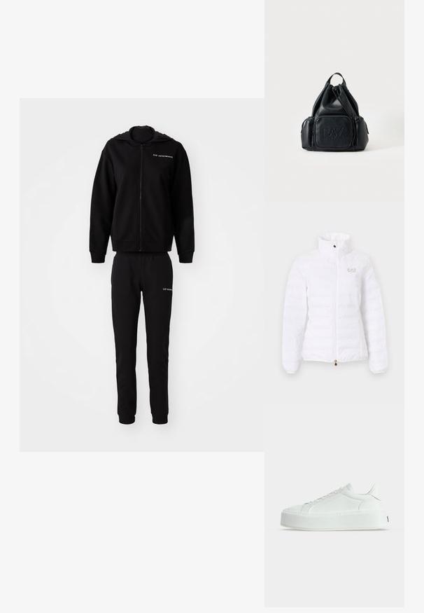 Weiße wattierte Jacke mit hohem Kragen, Frontreißverschluss, Seitentaschen und kleinem EA7 Emporio Armani Logo auf der linken Brust.; Schwarzer Kapuzenpullover und passende Jogginghose, aus weichem Stoff. Kapuzenpullover mit Reißverschluss, elastischen Bündchen und Gummizugbund. Logo auf beiden Teilen bedruckt.; Weißer Low-Top-Sneaker mit strukturiertem Leder, dicker Plateausohle und Schnürverschluss, im Seitenprofil auf schlichtem Hintergrund dargestellt.; Schwarzer Leder-Rucksack mit Kordelzug, mit vorderen und seitlichen Reißverschlusstaschen, mit geprägt "EA7 Emporio Armani" Logo auf der Vorderseite.