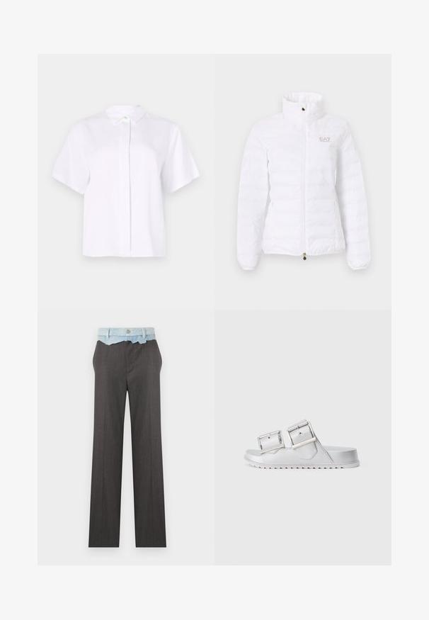 Veste matelassée blanche avec col montant, fermeture éclair avant, poches latérales, et petit logo EA7 Emporio Armani sur la poitrine gauche.; Chemise blanche à manches courtes en tissu lisse, dotée d'un col pointu et d'une patte de boutonnage avec un bouton d'accent vert.; Pantalon gris droit taille haute avec ceinture en denim bleu clair effilochée et fermeture par bouton.; Sandales argentées avec deux larges brides réglables, matériau texturé et une semelle plate présentant un motif en zigzag au fond.