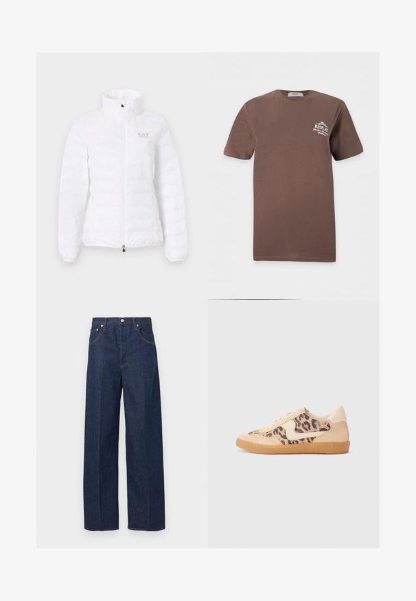 Hvid polstret jakke med høj krave, frontlynlås, sidelommer og lille EA7 Emporio Armani-logo på venstre bryst.; Brun kortærmet T-shirt med rund hals og lille hvid Replay-logo og tekst på venstre brystområde.; Mørkeblå denim jeans med bred ben-design, knaplukning og fem-lomme-stil med kontrasterende orange syning.; Leopardprint sneakers med beige ruskindsoverdel, tan gummisål og hvide detaljer. Rund pegefinger og snørebåndsdesign med en tekstureret finish.