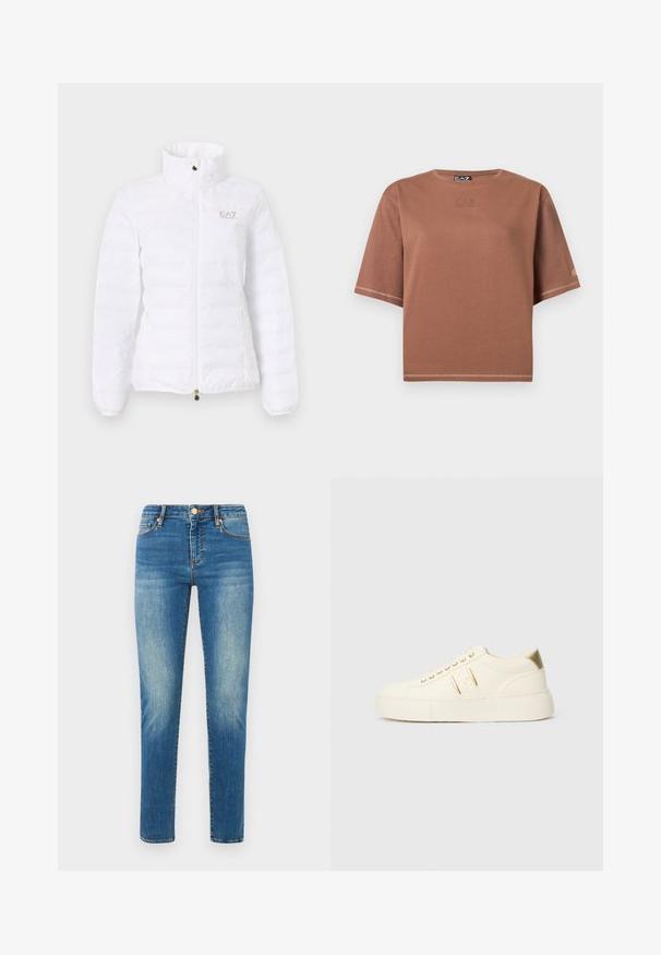 Witte gewatteerde jas met hoge kraag, ritssluiting aan de voorkant, zijzakken en een klein EA7 Emporio Armani-logo op de linkerborst.; Bruin cropped T-shirt met korte mouwen en een ronde halslijn, met subtiel gedrukt EA7 Emporio Armani-logo op de borst en mouw, effen ontwerp.; Lichtblauwe denim jeans met een rechte pasvorm, voorzien van een hoge taille, vijf zakken en subtiele vervaging. Metalen knoop en stiksels zijn zichtbaar.; Crème kleurige low-top sneaker met gouden accenten, veters en geperst "Armani Exchange" logo op de zool en zijpatch.