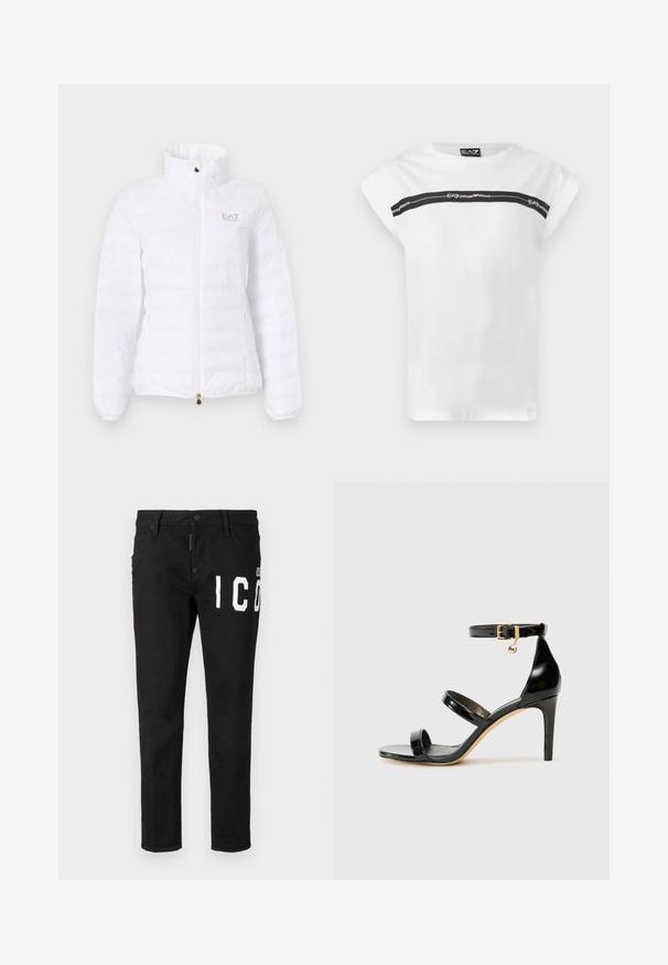 Hvid polstret jakke med høj krave, frontlynlås, sidelommer og lille EA7 Emporio Armani-logo på venstre bryst.; Hvid T-shirt med korte ærmer med sort vandret stribe over brystet med "EA7 Emporio Armani" branding.; Sorte denim jeans med slim fit. Har hvid grafisk tekst på fronten, fem lommer og knaplukning. Glat tekstur.; Sorte patenterede lædersandaler med tre stropper, ankelspænde og 10 cm stiletthæl. Har detaljer i guld og et logo charms.