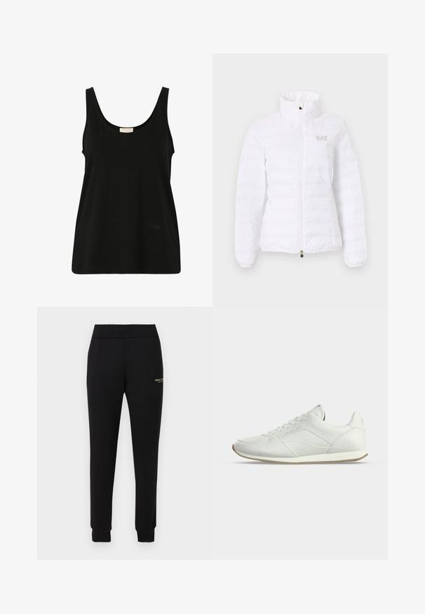 Chaqueta blanca acolchada con cuello alto, cremallera frontal, bolsillos laterales y pequeño logo EA7 Emporio Armani en el pecho izquierdo.; Top sin mangas negro hecho de suave algodón, con un escote redondeado y un corte relajado, sin patrones visibles ni detalles de hardware.; Pantalones deportivos negros ajustados con cintura y puños elásticos, con un pequeño logo dorado "Armani Exchange" en el muslo derecho.; Zapatilla blanca de piel de corte bajo con cordones en la parte delantera, detalles sutiles de costuras y suela de goma beige sobre fondo claro y liso.