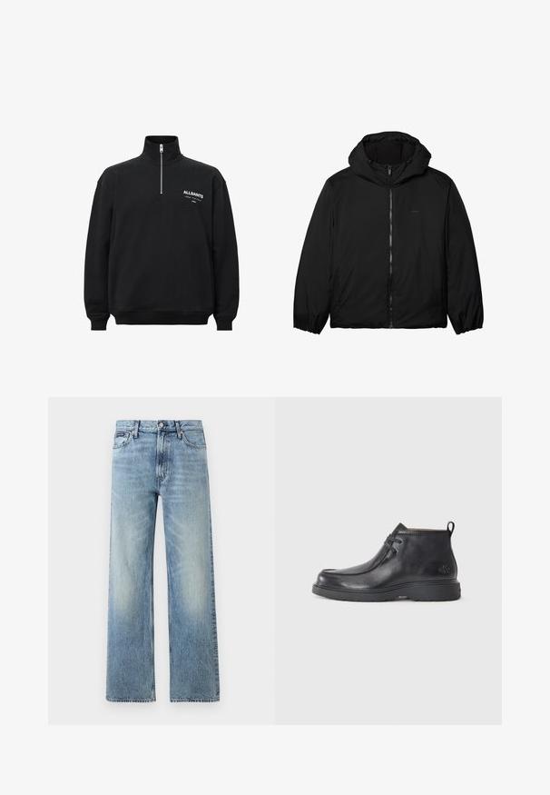 Sort hættetrøje med lynlås foran og elastiske manchetter, let og glat stof, minimalistisk design egnet til koldt vejr.; Sort sweatshirt med høj krave og halv lynlås, med hvid trykt tekst på venstre bryst. Fremstillet af bomuldsstof med blød tekstur.; Lyseblå denim jeans med lige ben, højt talje, fem lommer, knaplukning og diskrete falmede områder på lår og knæ.; Sorte læder ankelstøvler med rund tå, snørelukning og en løkke bagpå. Tekstureret overdel og gummisål.