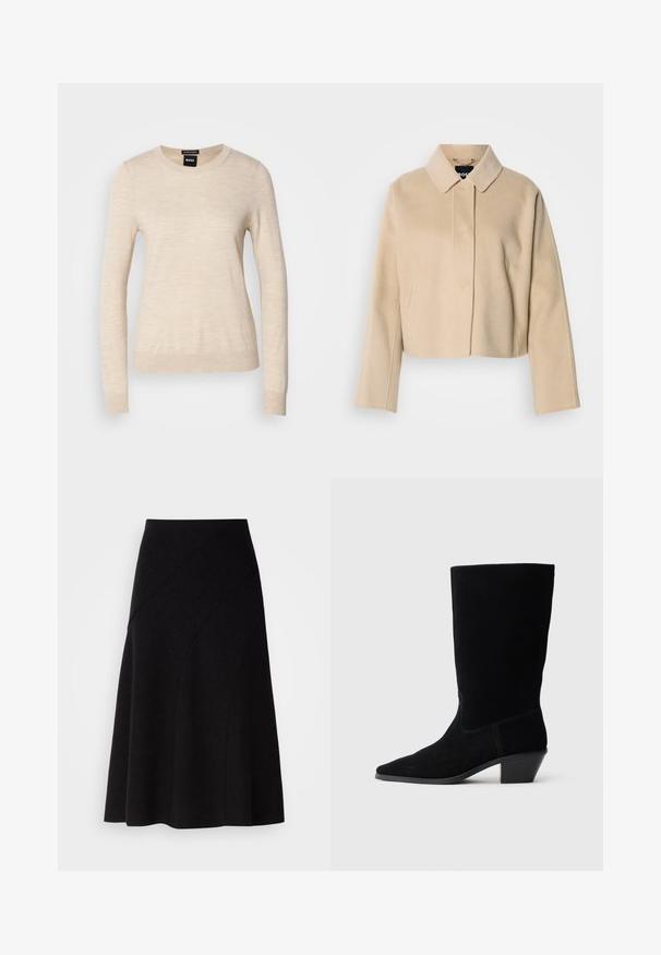 Beige cropped jas met een zachte wollen textuur, een puntige kraag en lange mouwen. Voorzien van een voorpasje zonder zichtbare sluitingen.; BOSS FERPINA - Trui - light beige; Zwarte wollen A-lijn rok met een middelhoge taille, voorzien van diagonale naaddetails en een gladde textuur, die net onder de knie valt.; Zwarte suede enkellaars met een spitse neus, een schacht van gemiddelde hoogte en een chunky hak. Heeft minimaal stikwerk en een gladde textuur.