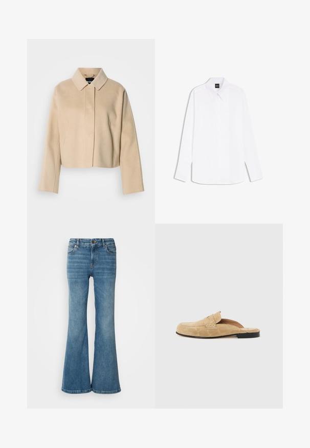 Manteau court beige avec une texture en laine lisse, col pointu et manches longues. Présente une patte de boutonnage à l'avant sans attaches visibles.; Chemise blanche à manches longues avec col pointu et patte de boutonnage cachée, étiquetée "BOSS" au niveau du col.; Jean évasé bleu clair en denim, doté de cinq poches, de coutures visibles, et d'une fermeture à bouton et à zip à la taille.; Mocassin beige en cuir suédé sans talon avec une semelle noire et des détails cousus sur un fond uni et clair.