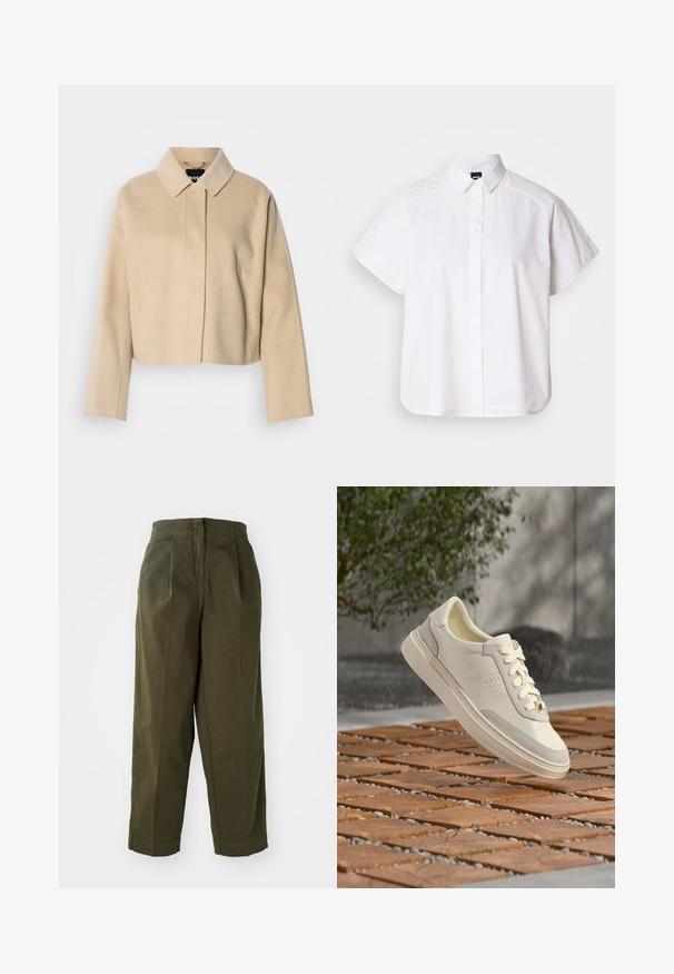 Abrigo corto beige con textura suave de lana, cuello puntiagudo y mangas largas. Presenta una solapa frontal sin botones visibles.; Camisa blanca de manga corta con botones, cuello con puntas y dobladillo curvado. Fabricada en algodón con una textura suave y sin patrones visibles.; Pantalones de pierna ancha color verde oliva con cintura alta, con pliegues frontales y dobladillos vueltos. Fabricados en un tejido ligero con una textura suave.; Zapatilla blanca BOSS con cordones que flota sobre un suelo de madera y guijarros con patrones, arbusto verde y pared gris de fondo.