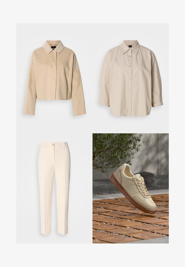 Beige kort frakke med en glat uldtekstur, spids krave og lange ærmer. Har frontstykke uden synlige lukninger.; Beige skjorte med striber, krave, knapper foran og korte raglanærmer. Har guldknapper og et diskret logo på kanten.; Cremefarvede, højtaljede bukser lavet af tekstureret stof. Har en lukning med knap foran og tætsiddende ben.; Beige lædersneaker med brun sål, der svæver over en flisebelagt udendørs overflade med spredte små sten og grønne blade i baggrunden.