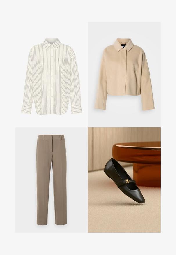 Abrigo corto beige con textura suave de lana, cuello puntiagudo y mangas largas. Presenta una solapa frontal sin botones visibles.; Camisa blanca de botones con estrechas rayas verticales negras, cuello, mangas largas, bolsillo en el pecho y corte recto con detalles en los puños.; Pantalones caqui de pierna recta con trabillas para cinturón y cierre frontal de cremallera sobre fondo blanco.; Zapato plano de cuero negro con puntera puntiaguda y logo dorado de CK en la correa, colocado sobre una alfombra beige cerca de una mesa redonda marrón ámbar.
