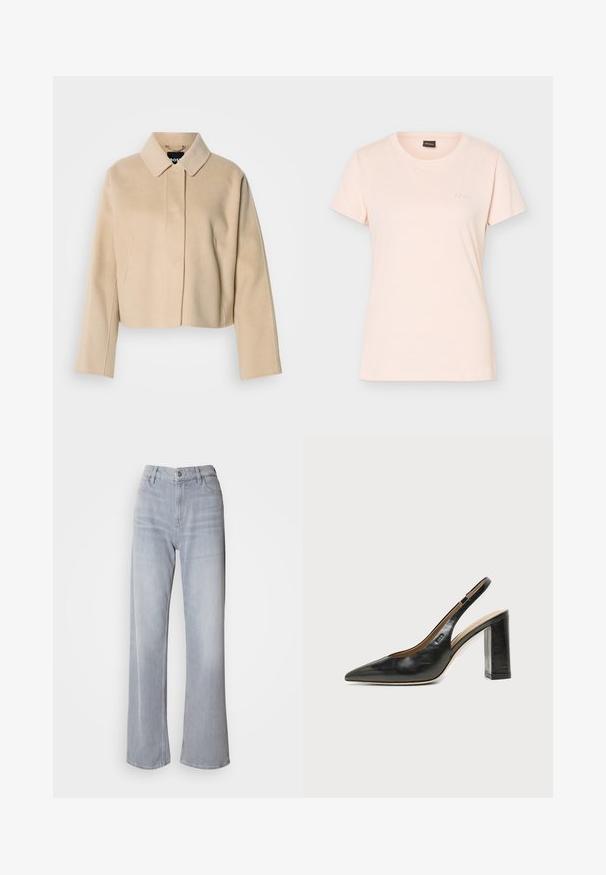 Beige kort frakke med en glat uldtekstur, spids krave og lange ærmer. Har frontstykke uden synlige lukninger.; Lyserød kortærmet T-shirt med rund hals og lille præget BOSS-logo på venstre bryst samt sort mærke indvendigt i kraven.; Lys grå vidde jeans med høj talje, lavet af denim. Har forlommer, lynlås og subtil falmen over det hele.; Sort læder peep-toe slingback sko med høj blokhæl og beige indvendig foring mod en ensfarvet lys baggrund.