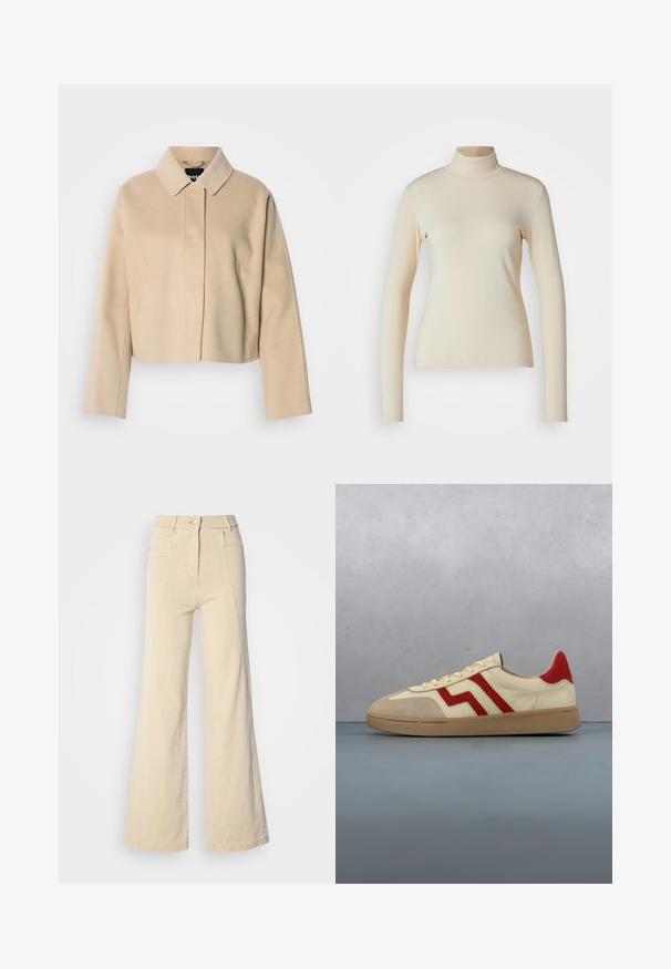Manteau court beige avec une texture en laine lisse, col pointu et manches longues. Présente une patte de boutonnage à l'avant sans attaches visibles.; Haut à col roulé à manches longues de couleur crème, fabriqué en tissu lisse et extensible ; design ajusté avec un col haut et sans motifs ni accents visibles.; Jeans beige à jambes larges avec taille haute, poches avant, et couture contrastée, dotés d'une fermeture à bouton et d'une texture en coton lisse.; Baskets en cuir beige avec accents rouges et semelle en caoutchouc texturée. Présente un design classique avec deux bandes rouges et des lacets crème.