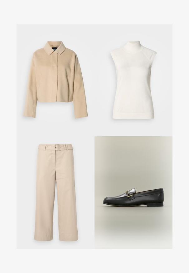 Manteau court beige avec une texture en laine lisse, col pointu et manches longues. Présente une patte de boutonnage à l'avant sans attaches visibles.; Haut sans manches à col roulé blanc en matière douce ; présente une coupe ajustée avec un col montant et une texture subtilement côtelée à l'ourlet.; Pantalons beige à jambes larges en tissu lisse. Dispose d'une taille ceinturée et de deux poches latérales. Coutures épurées et ourlet fini.; Mocassin en cuir noir avec dessus argenté, détail de chaîne dorée, petit talon et bout arrondi sur fond neutre.