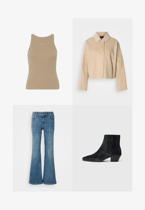 Beige cropped jas met een zachte wollen textuur, een puntige kraag en lange mouwen. Voorzien van een voorpasje zonder zichtbare sluitingen.; Beige ribbelachtige tanktop met een ronde halslijn, mouwloos ontwerp en een klein reliëflogo op de voorkant. Zachte stoftextuur.; Lichtblauwe flare jeans van denim, met vijf zakken, zichtbare stiksels en een knoop- en ritsluiting in de taille.; Zwarte enkelboot met een spitse neus, textuur die lijkt op haar, ribbelpaneel aan de zijkant en een lage blokhak. Eenvoudig en modern ontwerp.