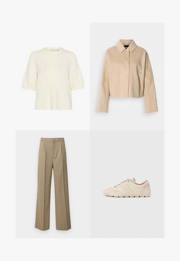 Abrigo corto beige con textura suave de lana, cuello puntiagudo y mangas largas. Presenta una solapa frontal sin botones visibles.; Suéter de manga corta y cuello redondo, hecho de un material suave y esponjoso en color blanco roto. Presenta un ajuste relajado con puños y dobladillo de canalé.; Pantalones de pierna ancha en color beige, confeccionados con una tela texturada. Cuentan con pliegues frontales y una cinturilla plana. Sin cierres visibles ni bolsillos.; Zapatillas con parte superior de cuero crema y ante, que presentan dos franjas horizontales beige y una suela de goma, diseño de punta redondeada y cierre de cordones.