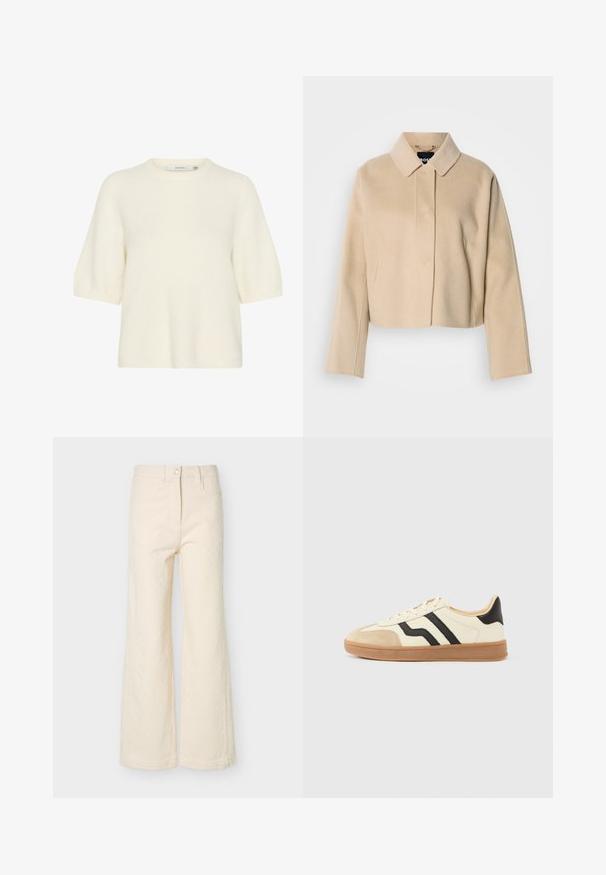 Beige kort frakke med en glat uldtekstur, spids krave og lange ærmer. Har frontstykke uden synlige lukninger.; Kortærmet sweater med rund hals lavet af blødt, fluffy materiale i off-white. Har en afslappet pasform med ribbede cuffs og kant.; Højtaljede cremefarvede bukser med vide ben, frontknap, lynlås, bæltestropper og subtilt tekstureret stofdetalje.; Snørestøvler med en cremefarvet overdel med sorte striber og en ruskindsnæsetip, suppleret med en brun gummisål.