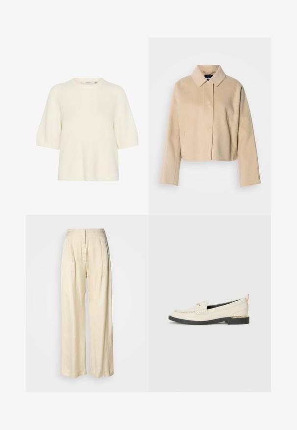 Abrigo corto beige con textura suave de lana, cuello puntiagudo y mangas largas. Presenta una solapa frontal sin botones visibles.; Suéter de manga corta y cuello redondo, hecho de un material suave y esponjoso en color blanco roto. Presenta un ajuste relajado con puños y dobladillo de canalé.; Pantalones de seda crema de tiro alto con pliegues, piernas anchas y cierre frontal oculto con cremallera sobre un fondo blanco liso.; Mocasines de cuero color crema con una correa decorativa, detalles de costura y una suela baja negra acentuada con un tacón dorado.