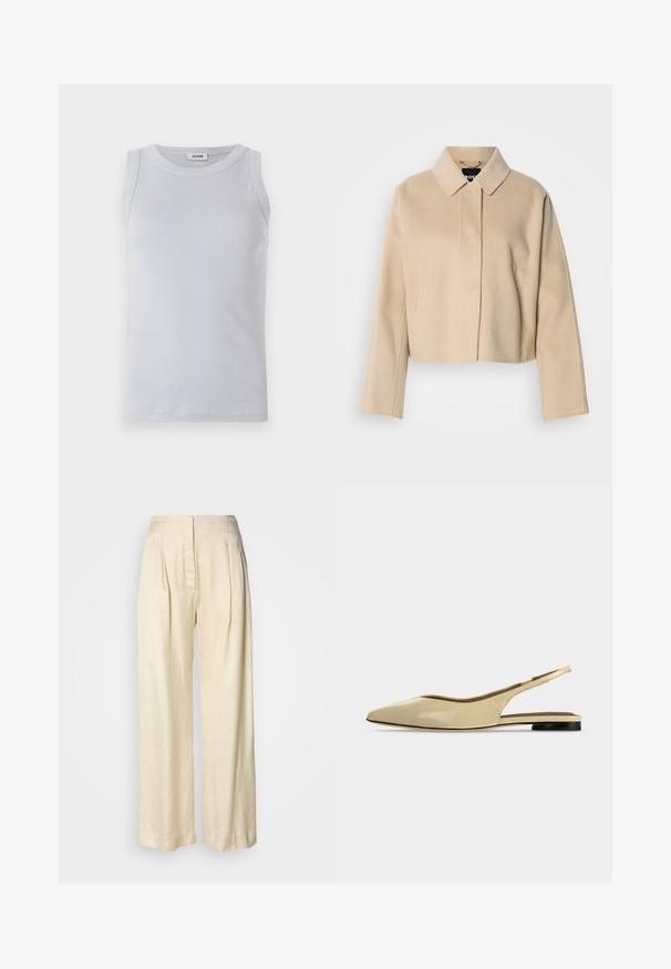 Beige cropped jas met een zachte wollen textuur, een puntige kraag en lange mouwen. Voorzien van een voorpasje zonder zichtbare sluitingen.; Lichtblauw geribbeld tanktop met een ronde halslijn. Glad textuur en mouwloos ontwerp, voorzien van een subtiele merketiket op de halslijn.; Crèmekleurige zijden broek met hoge taille, plooien, brede pijpen en een verborgen rits aan de voorkant, afgebeeld tegen een effen witte achtergrond.; Beige platte slingback schoen met puntige neus, lage zwarte hak en een glad leren afwerking, zijaanzicht op een effen achtergrond.