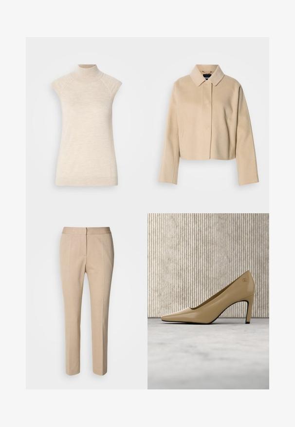 Beiger, kurz geschnittener Mantel mit glatter Wolltextur, spitzem Kragen und langen Ärmeln. Verfügt über eine vordere Blende ohne sichtbare Verschlüsse.; Beige, ärmelloses Top mit hohem Kragen, aus weichem, strukturiertem Stoff. Verfügt über Raglanärmel und eine taillierte Silhouette. Eignet sich gut für Schichtlooks.; Beige maßgeschneiderte Hose aus strukturiertem Stoff, schlanker Schnitt, mittlere Taille und gerades Bein-Design. Knopf- und Reißverschluss vorne.; Beiger High-Heel-Schuh mit spitzer Spitze und kleinem goldfarbenem Emblem, aufrecht stehend auf reflektierender Oberfläche neben einem Metall-Organizer für Akten.